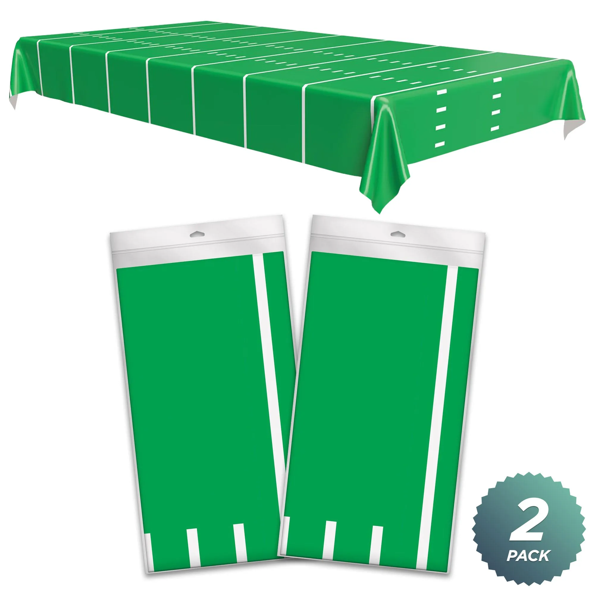 Football Party Supplies - Green Turf Football Field Sturdy Plastic Table Cover with Yard Lines 54" x 108" (2 Pack)