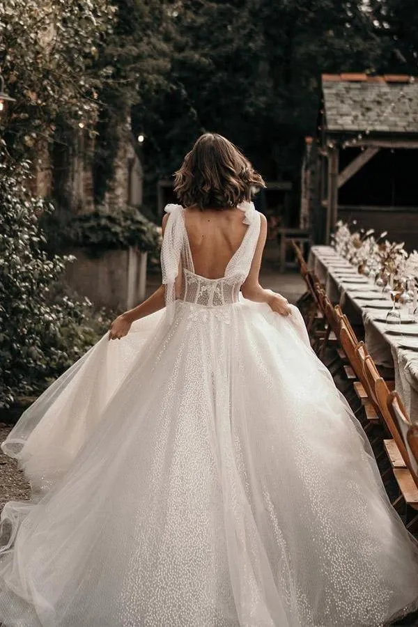 Ivory A-Line Sleeveless Sweep Train Wedding Dress With Sequins WD544