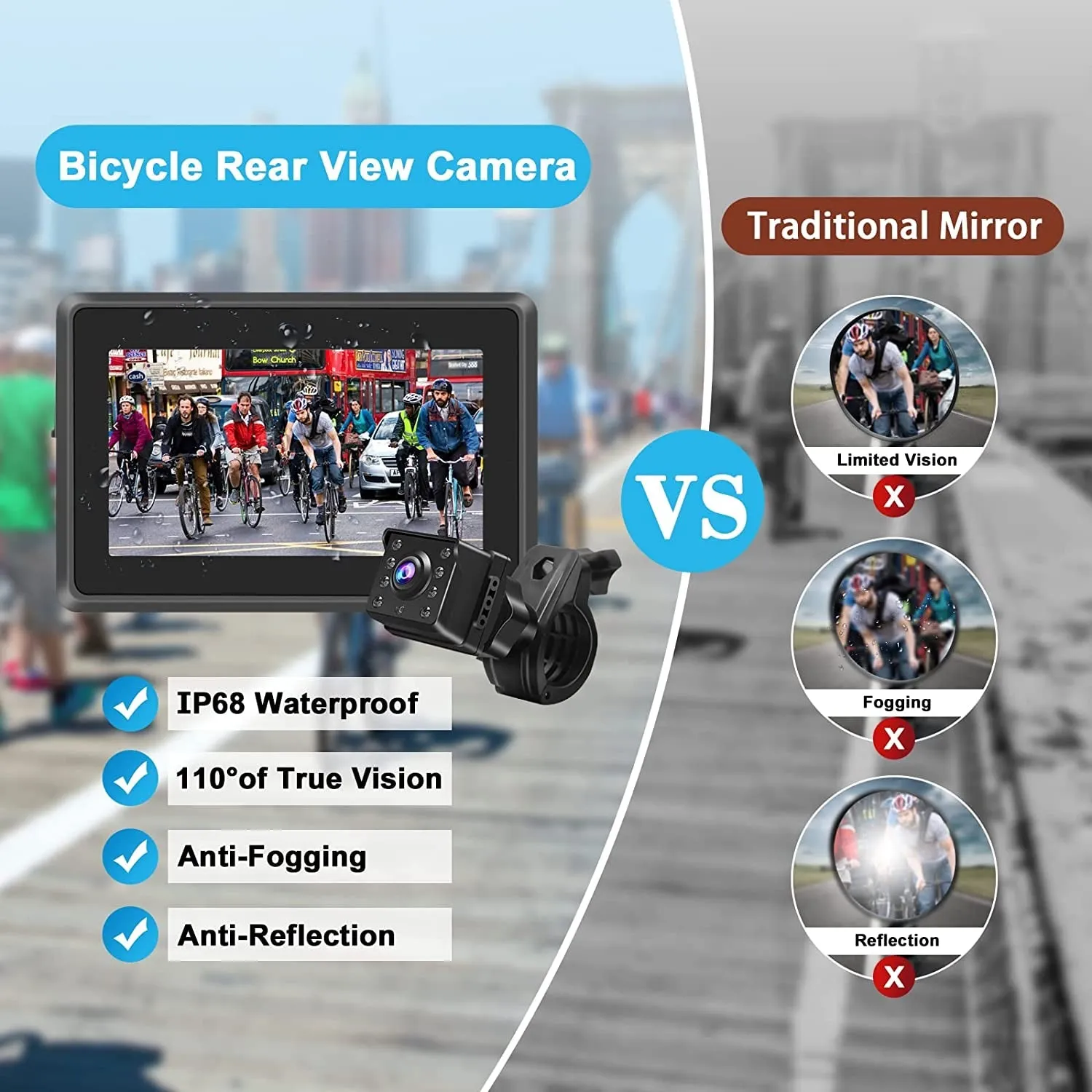 PARKVISION 1080P Bike Mirror Camera,Rear View Mirror Camera for Bicycle Handlebars with 8-LED Night Vision,110°Distortion-Free View with 4.3" Screen,Adjustable Rotatable Bracket for Ebike,Mountains