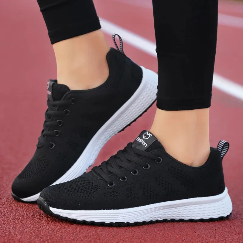 Women Casual Shoes Breathable Walking Mesh Lace Up Flat Shoes Sneakers Women Tenis Feminino Pink Black White